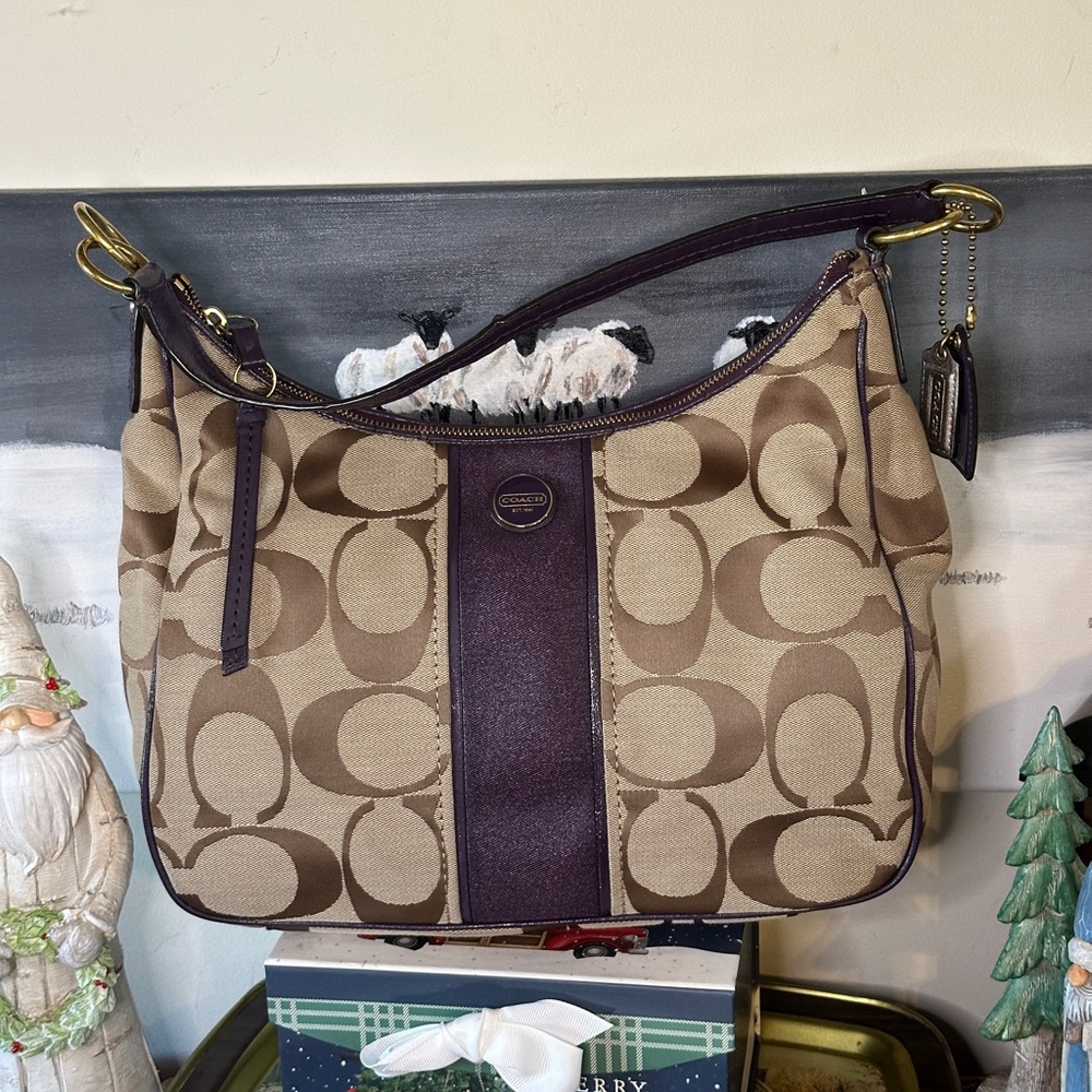 Coach Signature Stripe Convertible Hobo. - Picture 2 of 14